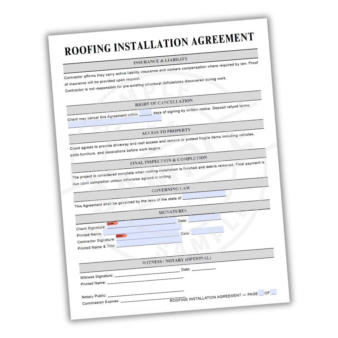 Roofing installation agreement form on a white background