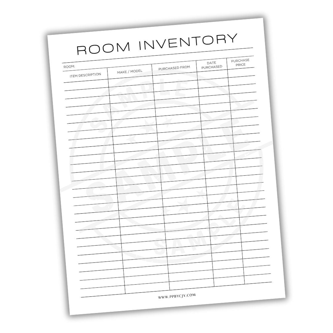 Room inventory sheet with columns for item description, name/model, purchased price, date purchased, and purchase price.