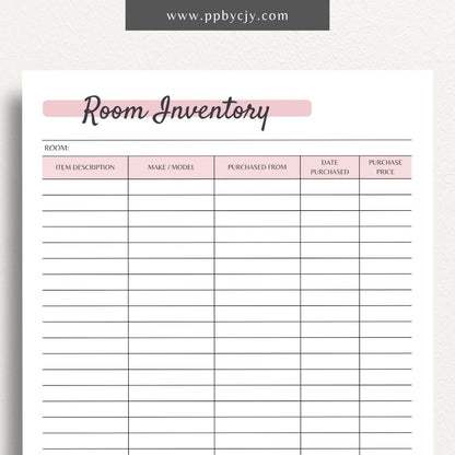 Room Home Inventory List Printable PDF Template