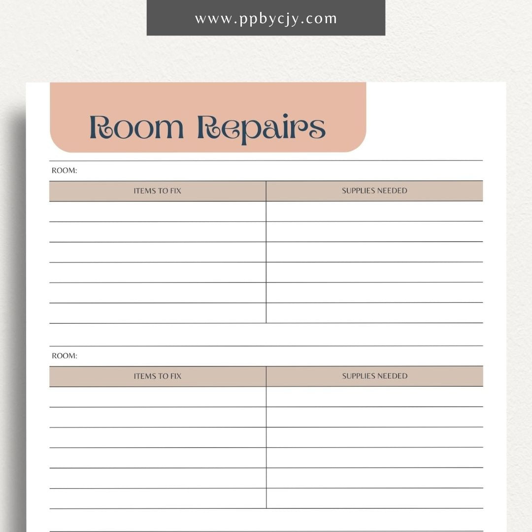 Room Repairs Printable Template – Digital download for tracking and managing repair tasks, schedules, and costs for different rooms in your home