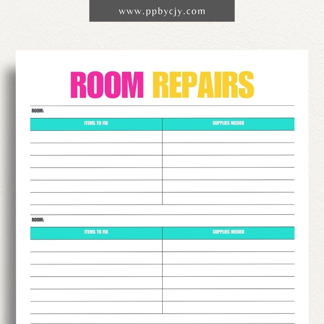 Room Repairs Printable Template – Digital download for tracking and managing repair tasks, schedules, and costs for different rooms in your home