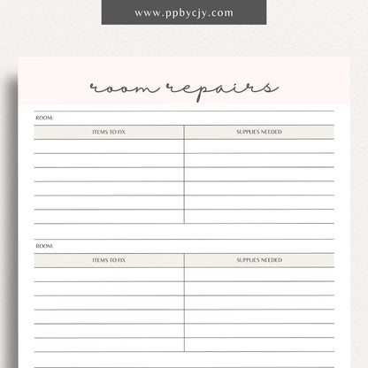 Room Repairs Printable Template – Digital download for tracking and managing repair tasks, schedules, and costs for different rooms in your home