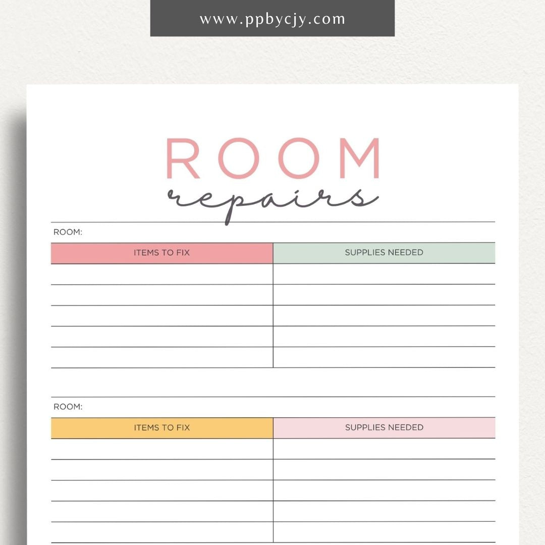 Room Repairs Printable Template – Digital download for tracking and managing repair tasks, schedules, and costs for different rooms in your home