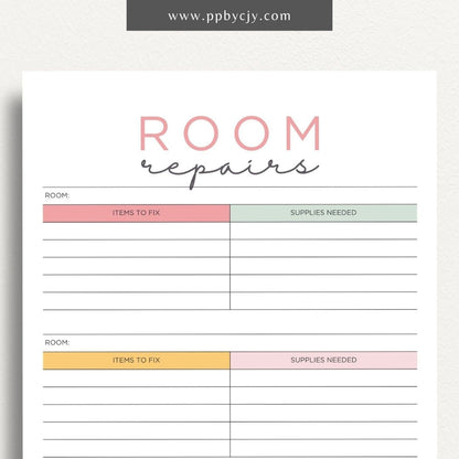 Room Repairs Printable Template – Digital download for tracking and managing repair tasks, schedules, and costs for different rooms in your home