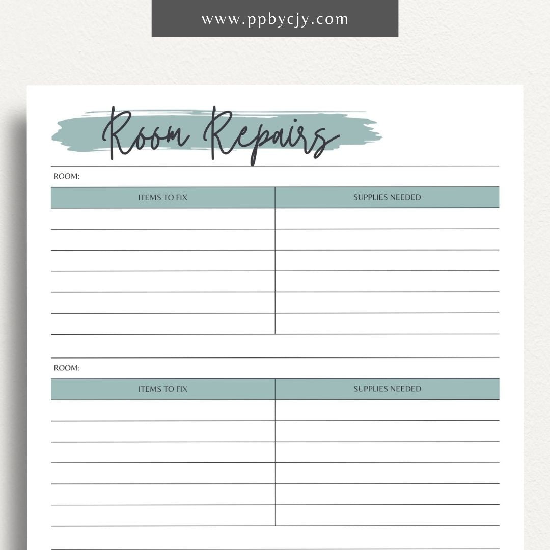 Room Repairs Printable Template – Digital download for tracking and managing repair tasks, schedules, and costs for different rooms in your home