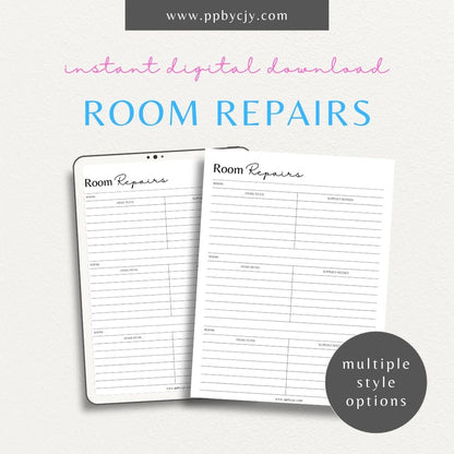 Room Repairs Printable Template – Digital download for tracking and managing repair tasks, schedules, and costs for different rooms in your home