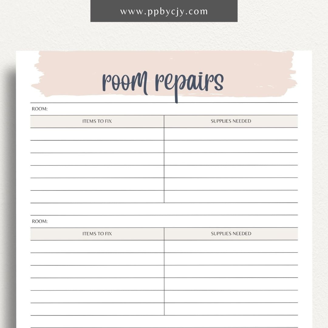 Room Repairs Printable Template – Digital download for tracking and managing repair tasks, schedules, and costs for different rooms in your home