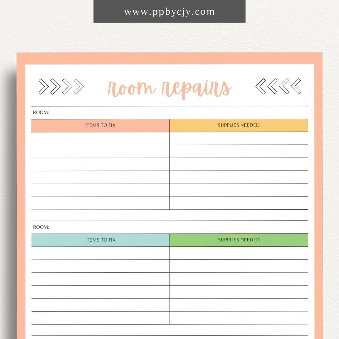 Room Repairs Printable Template – Digital download for tracking and managing repair tasks, schedules, and costs for different rooms in your home