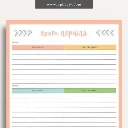 Room Repairs Printable Template – Digital download for tracking and managing repair tasks, schedules, and costs for different rooms in your home