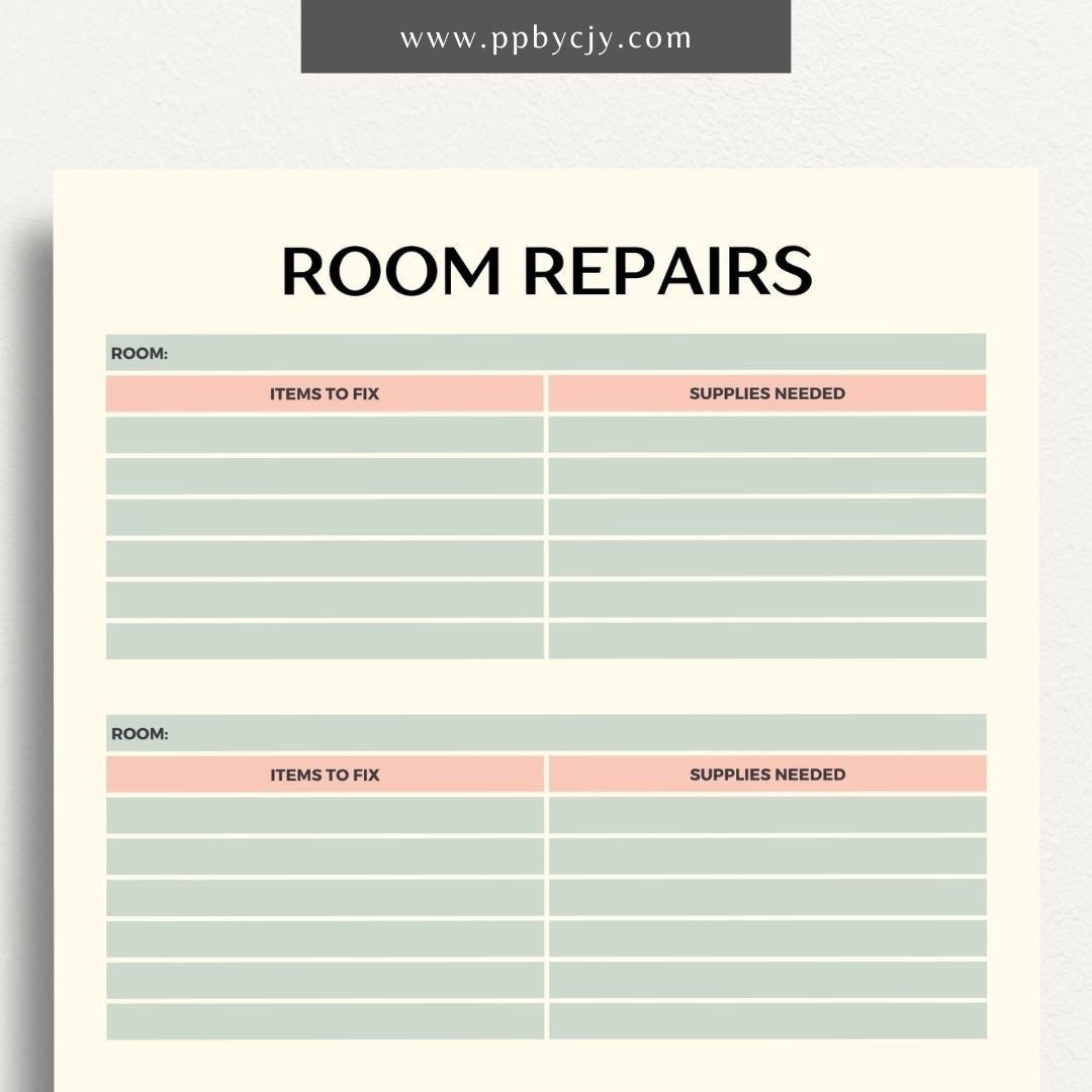 Room Repairs Printable Template – Digital download for tracking and managing repair tasks, schedules, and costs for different rooms in your home