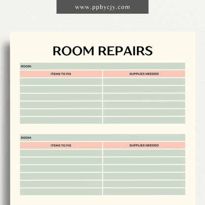 Room Repairs Printable Template – Digital download for tracking and managing repair tasks, schedules, and costs for different rooms in your home