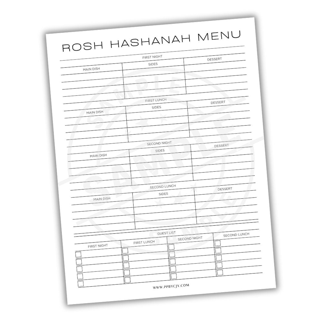 Rosh Hashanah menu planning sheet on a white background