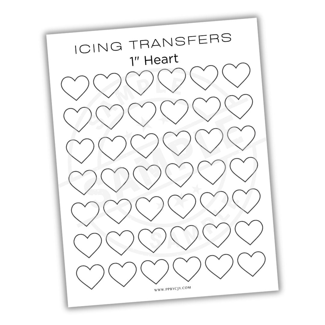 Sheet of heart-shaped icing transfers with '1" Heart' text on a white background