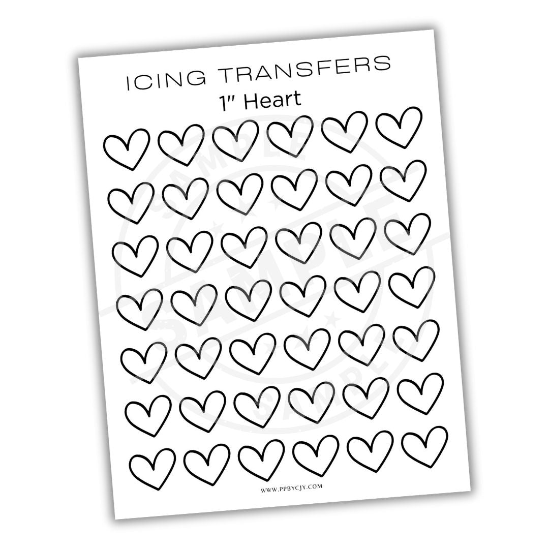 Sheet of heart-shaped icing transfers with '1" Heart' text on a white background