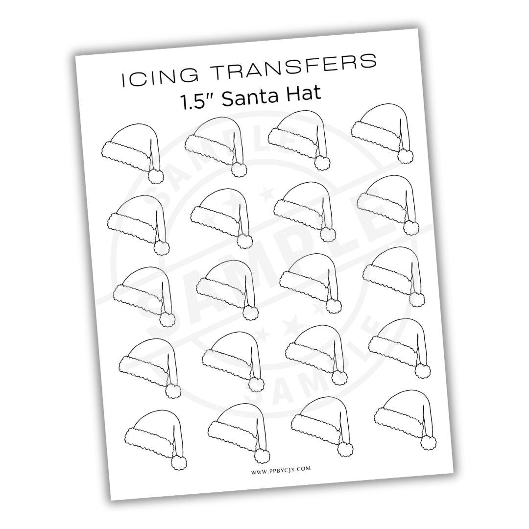 Sheet of black and white Santa hat designs for icing transfers on a white background.