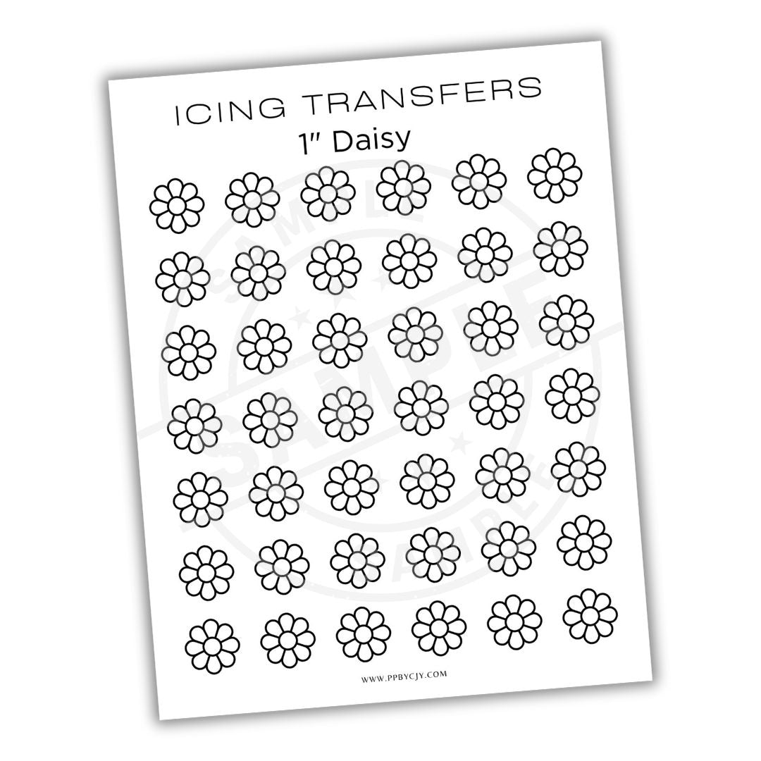 Sheet of black and white daisy flower transfers on a white background