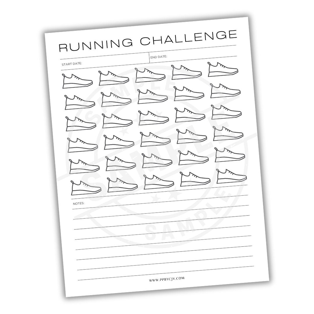 Running challenge tracker with shoe illustrations and text on a white background