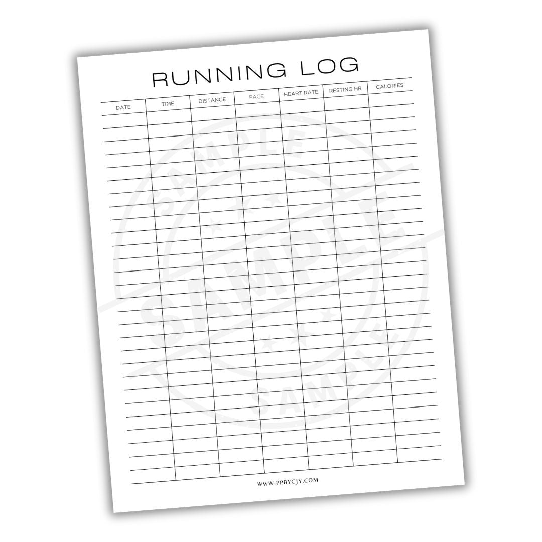 Running log sheet with columns for date, time, distance, pace, heart rate, respiration, and calories on a white background.