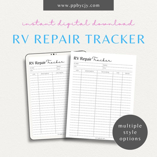 RV Repair Tracker Printable Template – Digital download for organizing and managing maintenance and repair tasks for your RV