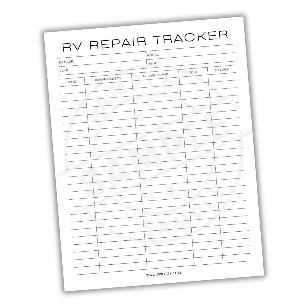 RV Repair Tracker sheet with columns for repair details on a white background