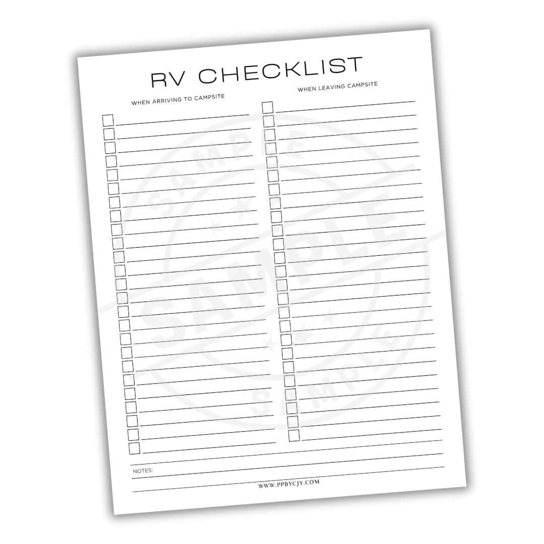 RV checklist sheet with two columns on a white background