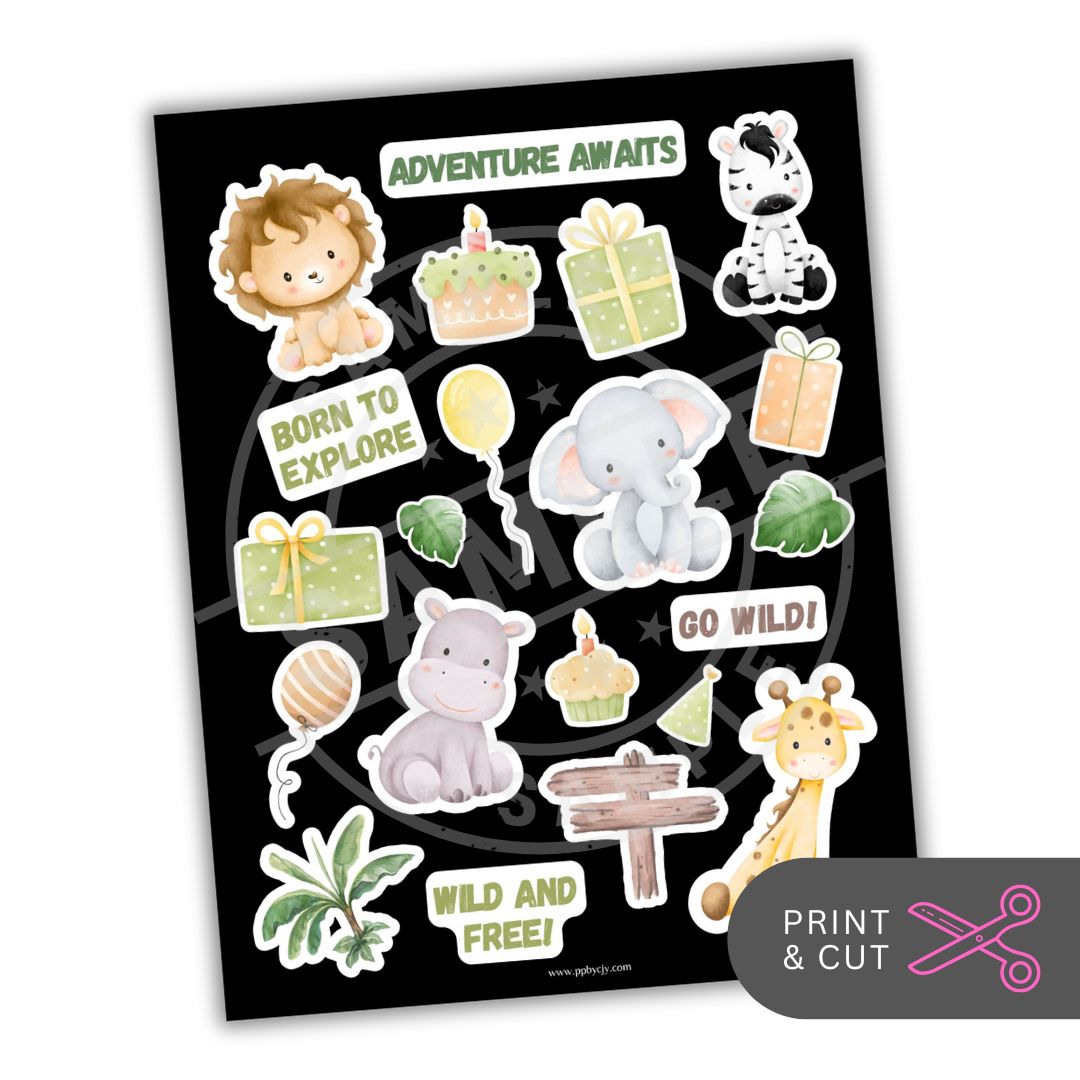Sticker sheet with animal-themed designs and text on a black background