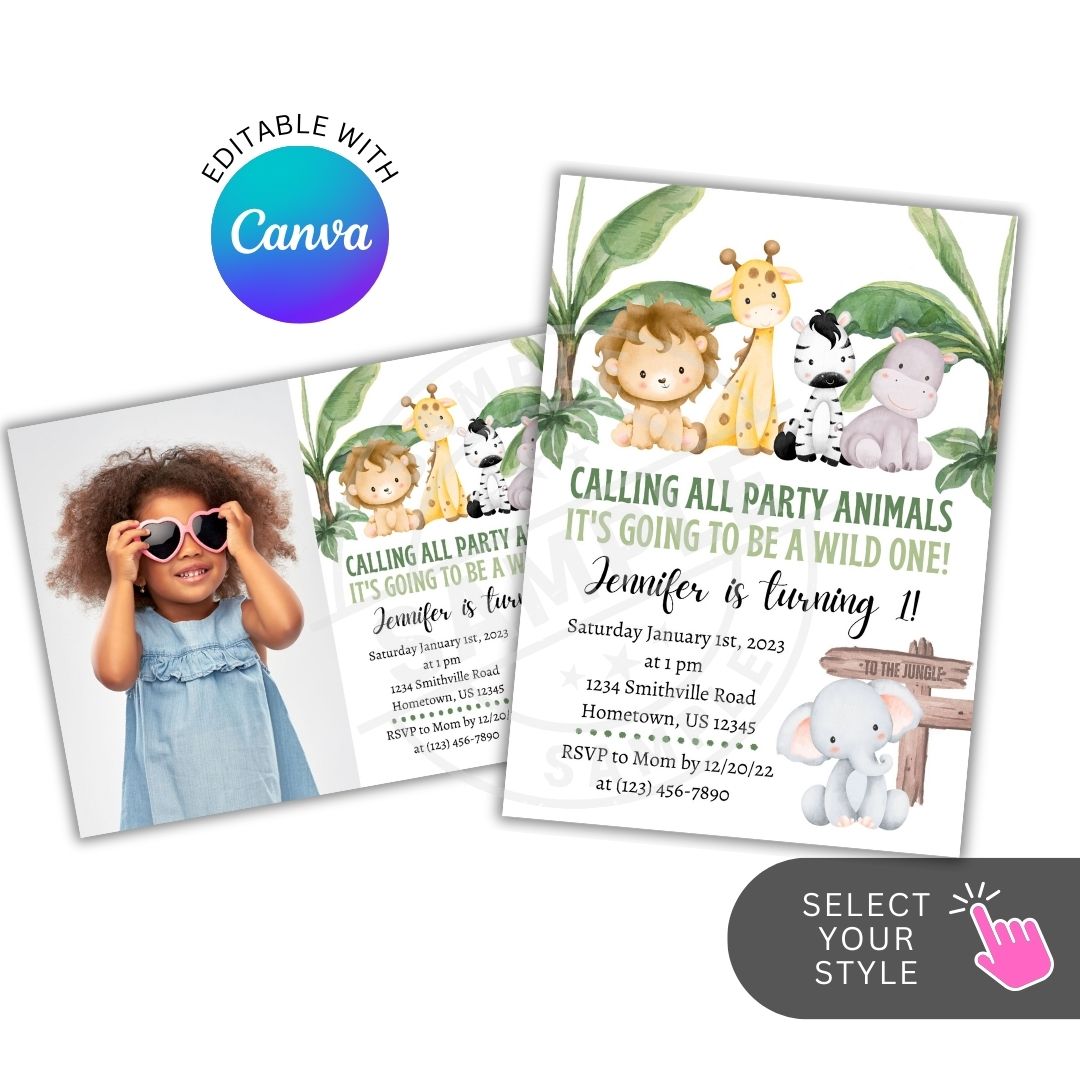 Two birthday party invitations with animals and a child, featuring Canva logo.