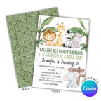 Children's birthday party invitation with jungle animals and Canva branding.