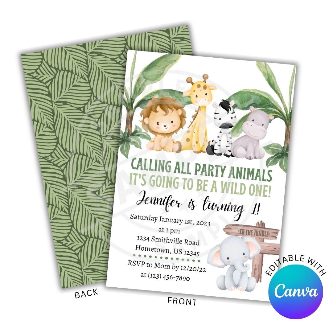 Children's birthday party invitation with jungle animals and Canva branding.