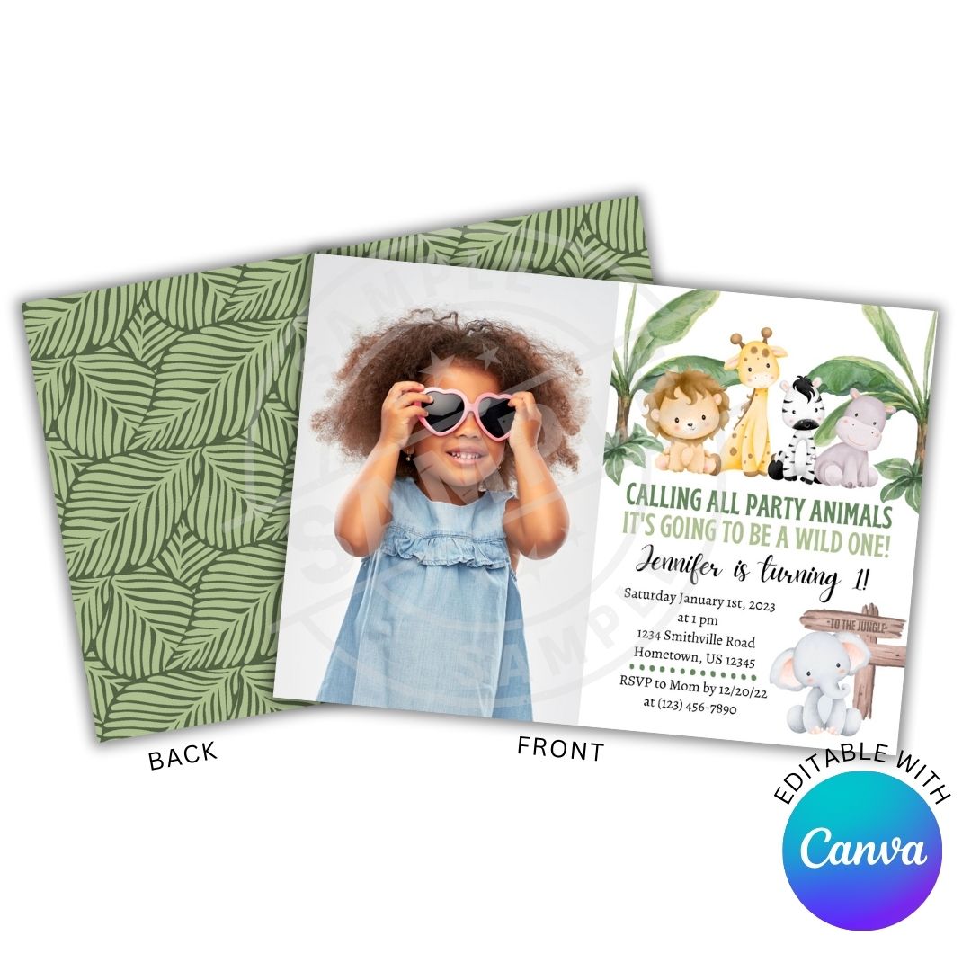 Children's birthday party invitation with a photo of a child and jungle-themed design, featuring Canva branding.