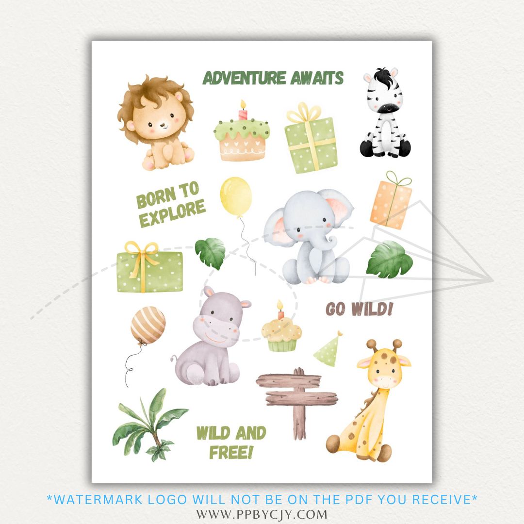 Safari Jungle Printable Sticker Sheet featuring jungle animals like lions, elephants, and giraffes, perfect for crafts, planners, and scrapbooking.

