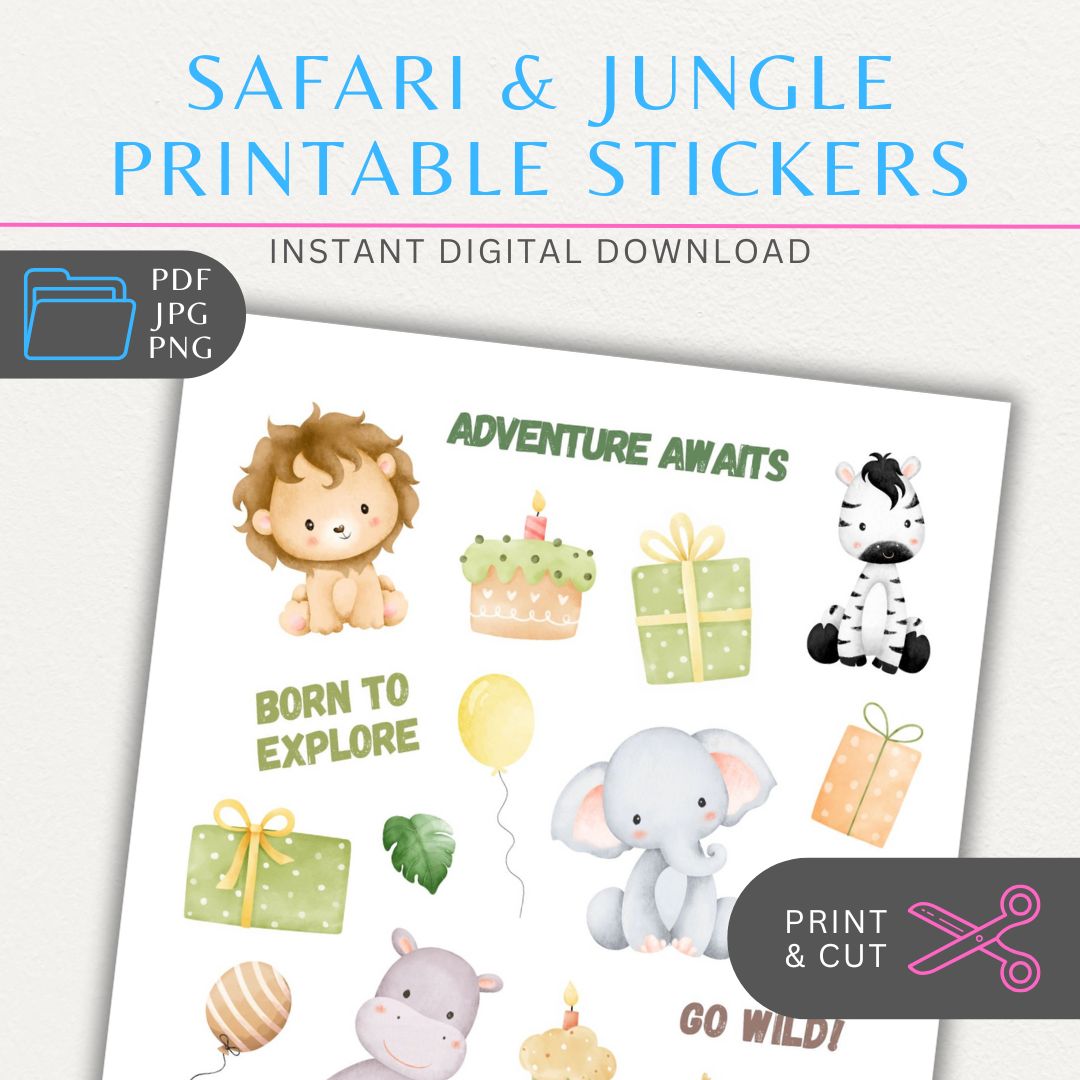 Safari Jungle Printable Sticker Sheet featuring jungle animals like lions, elephants, and giraffes, perfect for crafts, planners, and scrapbooking.

