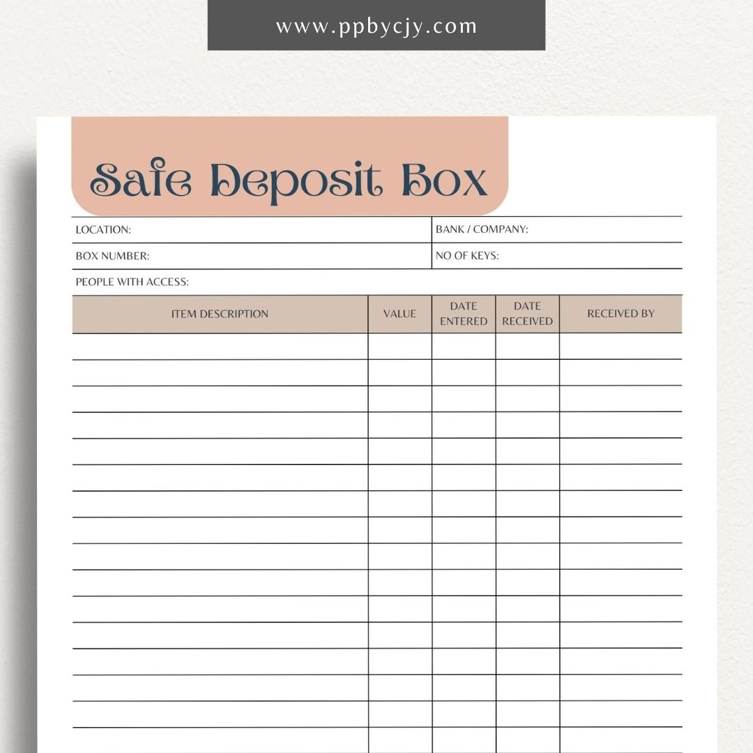 Safe Deposit Box Inventory Printable Template – Digital download for cataloging and tracking the contents of your safe deposit box