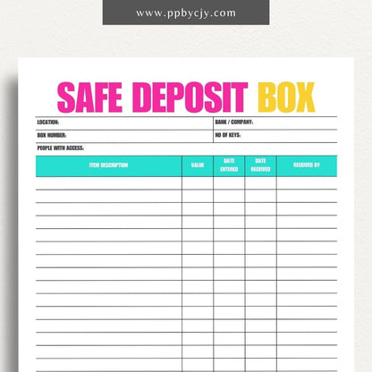 Safe Deposit Box Inventory Printable Template – Digital download for cataloging and tracking the contents of your safe deposit box