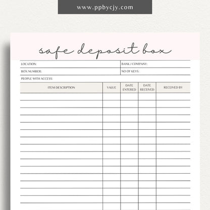 Safe Deposit Box Inventory Printable Template – Digital download for cataloging and tracking the contents of your safe deposit box