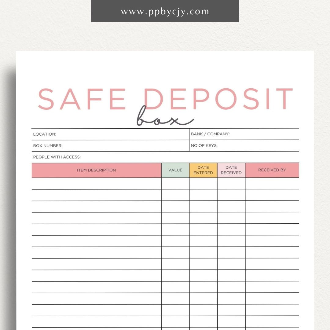 Safe Deposit Box Inventory Printable Template – Digital download for cataloging and tracking the contents of your safe deposit box