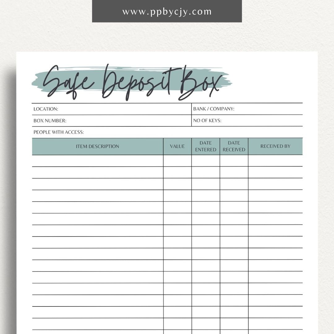 Safe Deposit Box Inventory Printable Template – Digital download for cataloging and tracking the contents of your safe deposit box