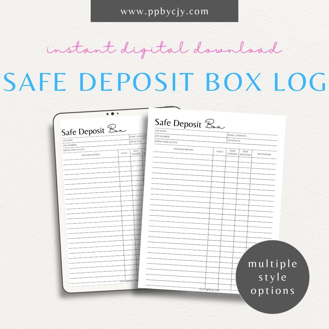 Safe Deposit Box Inventory Printable Template – Digital download for cataloging and tracking the contents of your safe deposit box