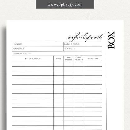 Safe Deposit Box Inventory Printable Template – Digital download for cataloging and tracking the contents of your safe deposit box