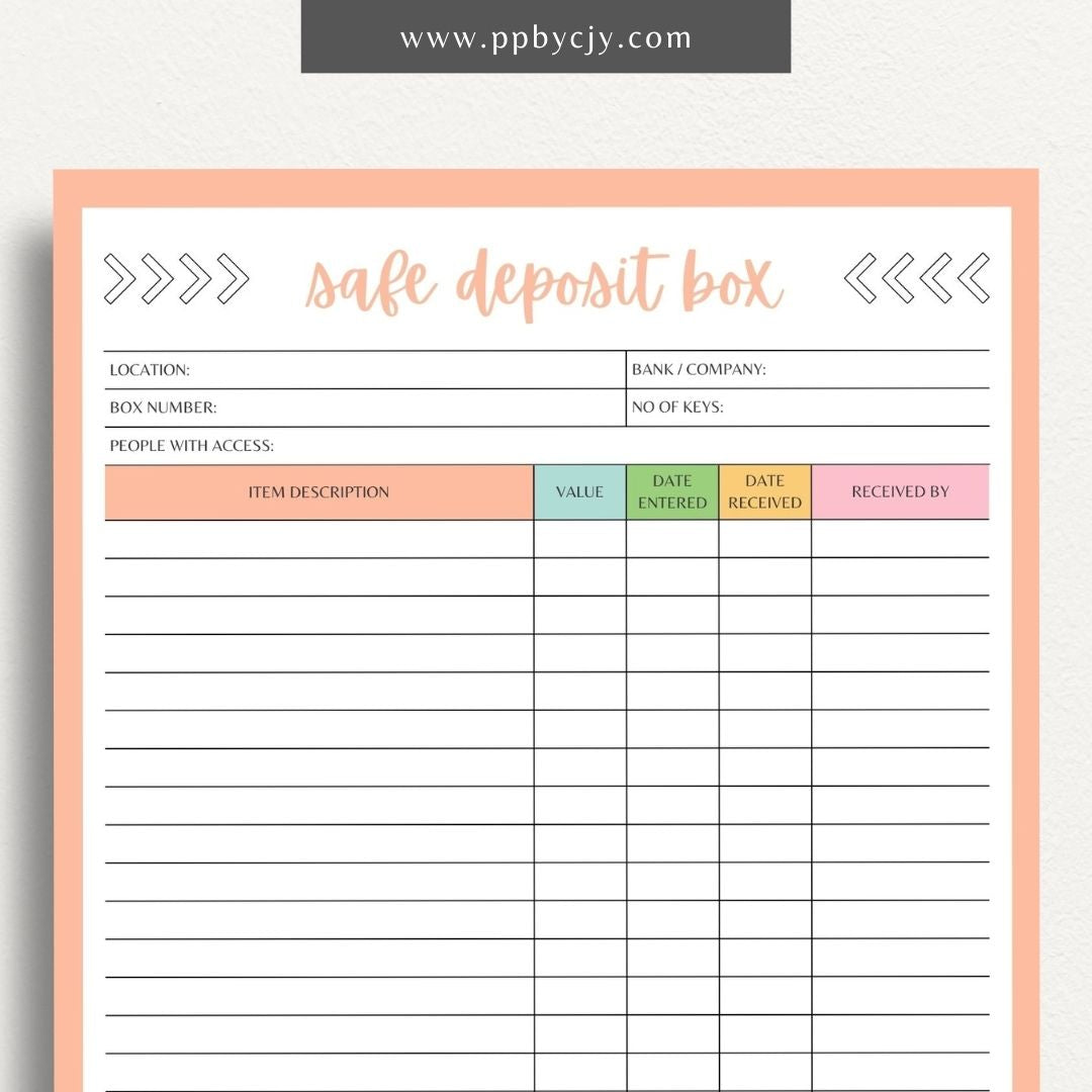 Safe Deposit Box Inventory Printable Template – Digital download for cataloging and tracking the contents of your safe deposit box