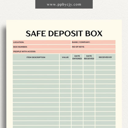 Safe Deposit Box Inventory Printable Template – Digital download for cataloging and tracking the contents of your safe deposit box