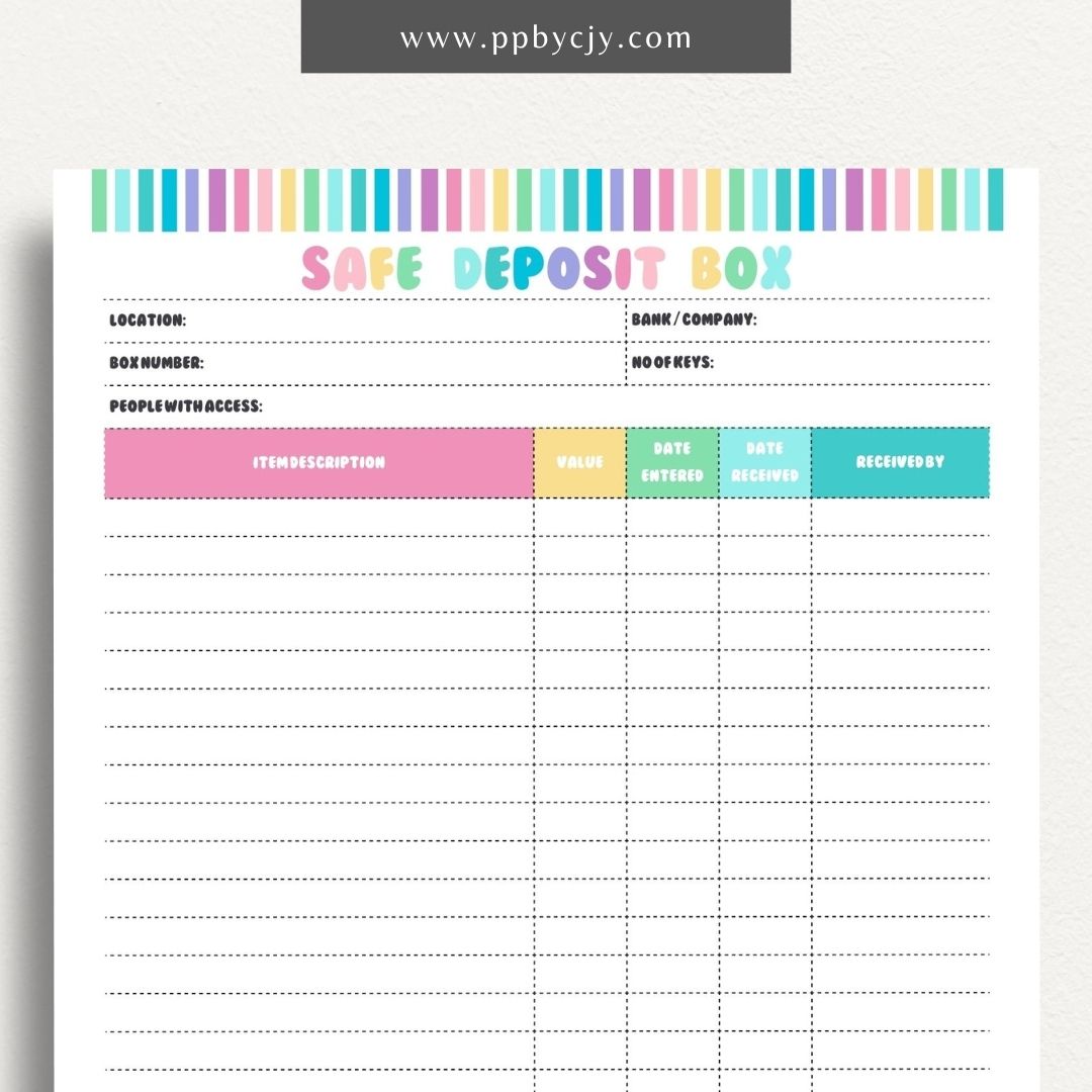 Safe Deposit Box Inventory Printable Template – Digital download for cataloging and tracking the contents of your safe deposit box