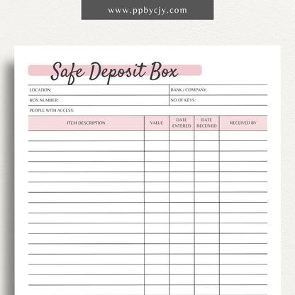 Safe Deposit Box Inventory Printable Template – Digital download for cataloging and tracking the contents of your safe deposit box