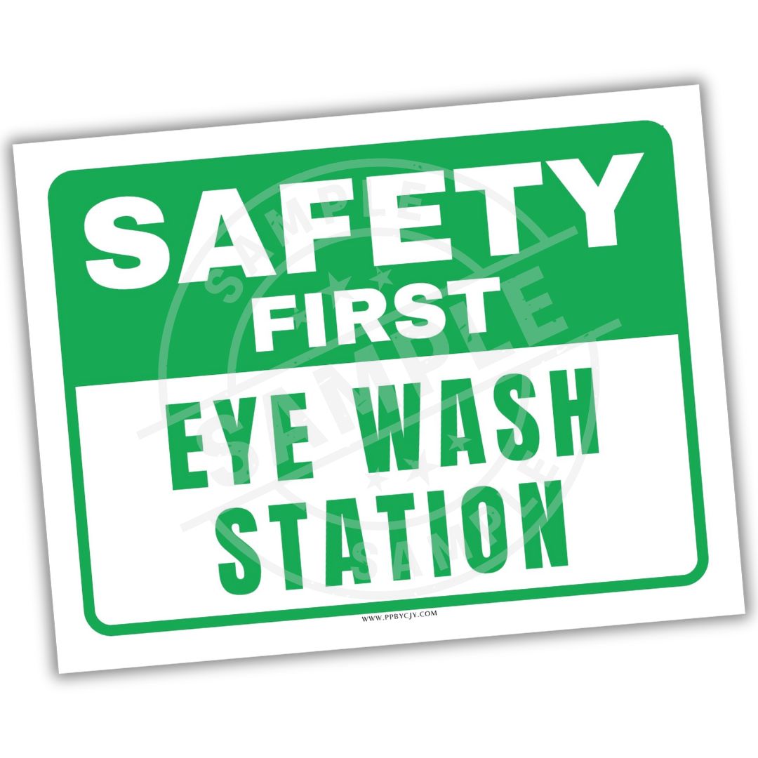 safety sign with green lettering for eye wash station on white background.