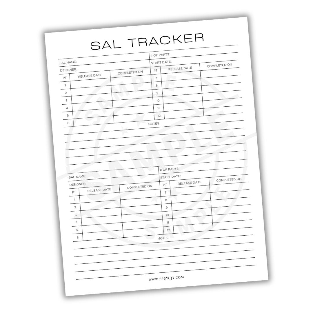 SAL Tracker sheet with columns for sal name, # of parts, start date, release date, completed on, and notes.
