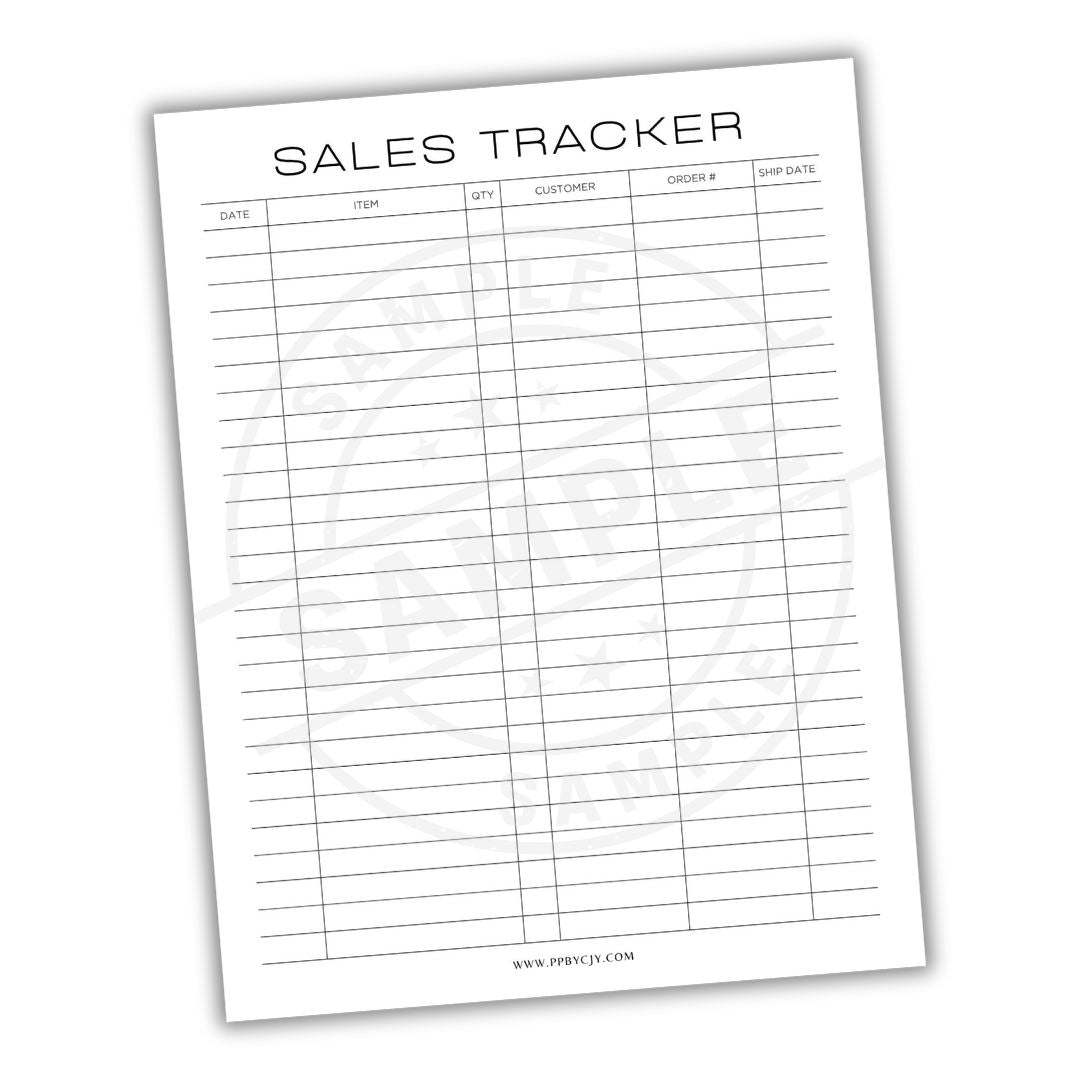 Sales tracker sheet with columns for date, item, unit, customer, order #, and ship date on a white background.