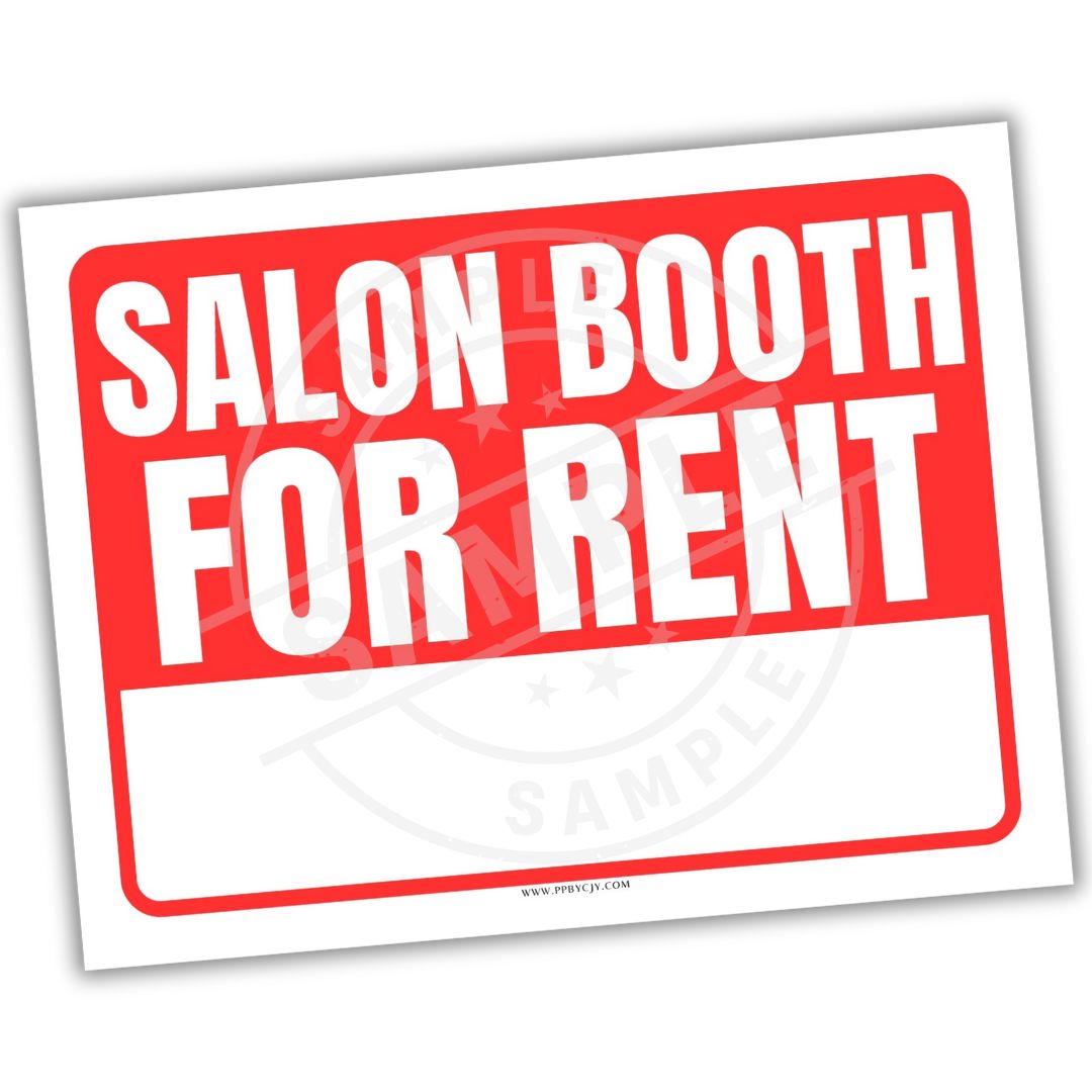 Sign with 'Salon Booth for Rent' text on a white background
