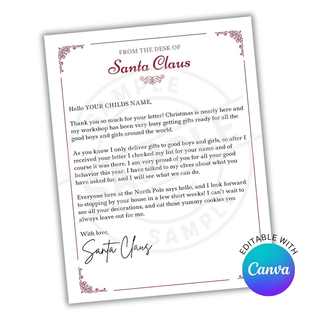 Letter from Santa Claus with customizable name on a white background