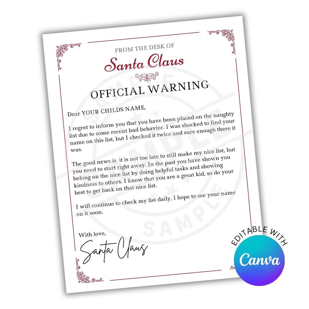 Official warning letter from Santa Claus with Canva editing option on a white background