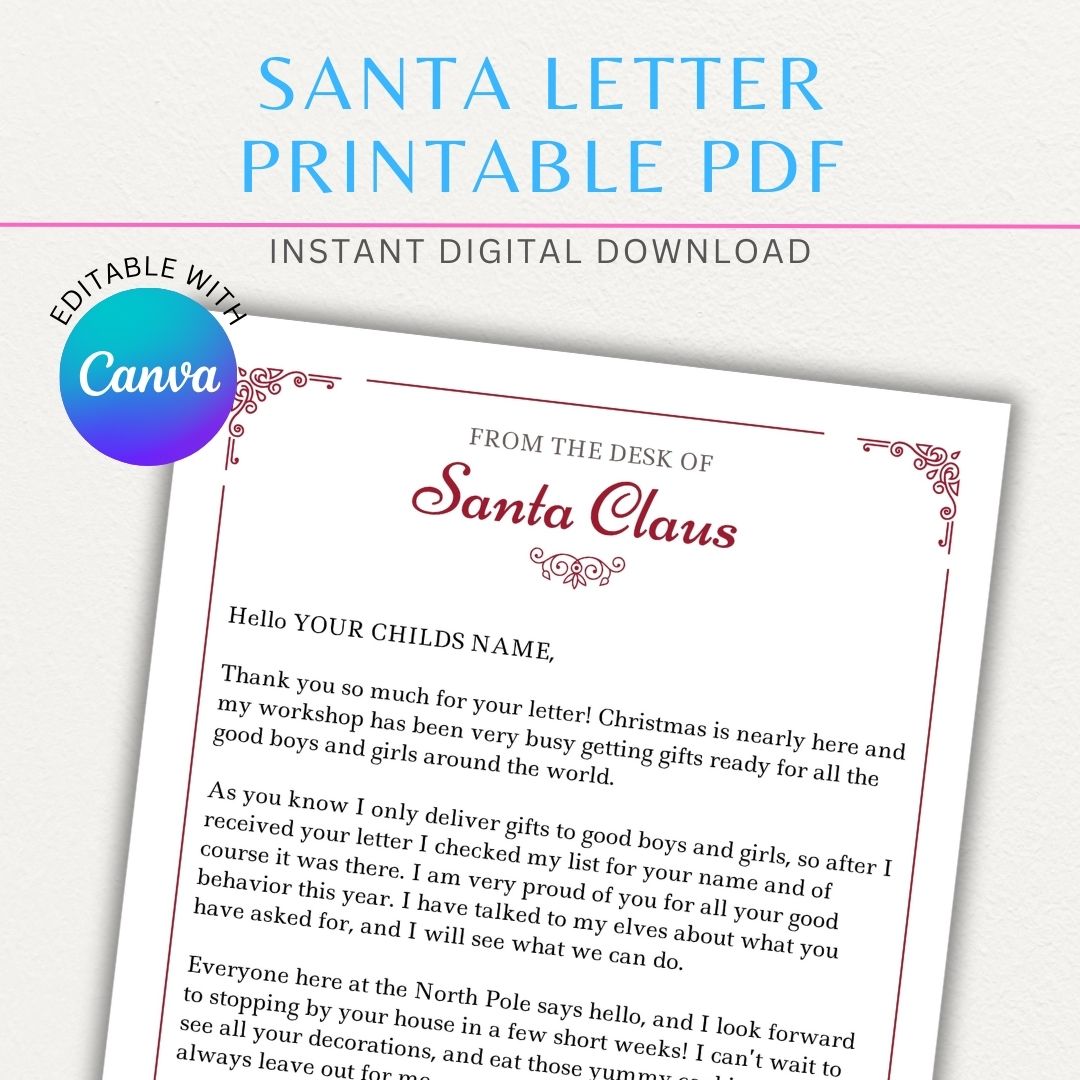 Personalized Letter from Santa Claus Printable PDF Template with festive holiday design, editable name field, and a special message from Santa.